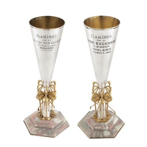 A PAIR OF SILVER AND SILVER-GILT TROPHY VASES: FLAMINGO STAKES