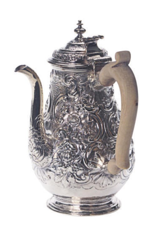 A ENGLISH SILVER HOT COFFEE POT WITH WOOD SIDE HANDLE,