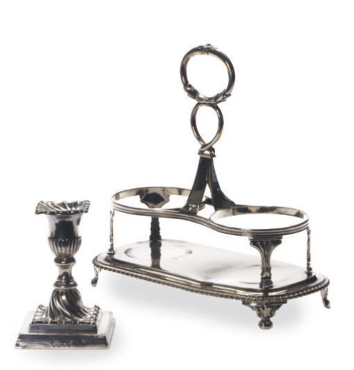 A GEORGE III SILVER CRUET AND A VICTORIAN SILVER CANDLESTICK,