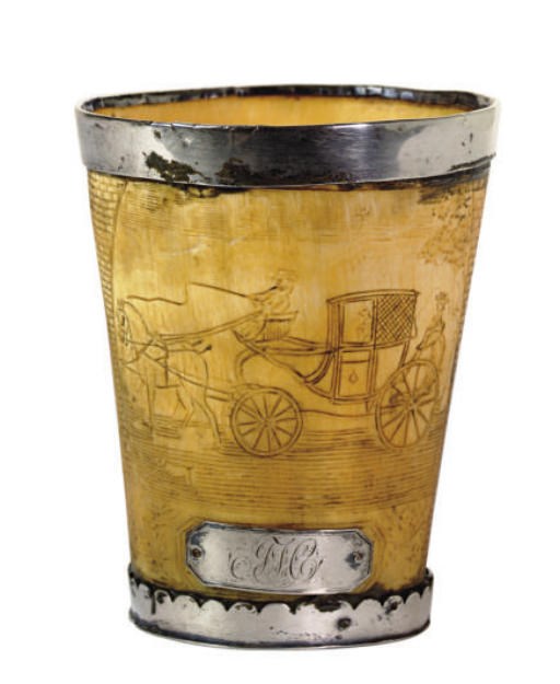 A CONTINENTAL SILVER-MOUNTED HORN BEAKER,