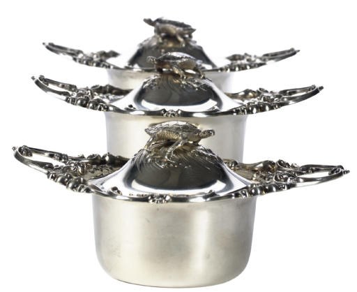 A GROUP OF TWELVE AMERICAN SILVER TWO-HANDLED RAMEKINS AND COVERS WITH SEA TURTLE-FORM FINIALS,