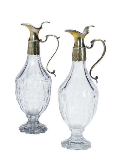 A PAIR OF GEORGE III SILVER-MOUNTED CUT-GLASS CRUETS,