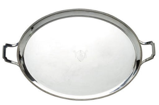 AN ENGLISH SILVER-PLATED TWO-HANDLED TRAY,
