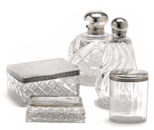A GROUP OF ENGLISH SILVER-MOUNTED GLASS DRESSING TABLE ARTICLES,