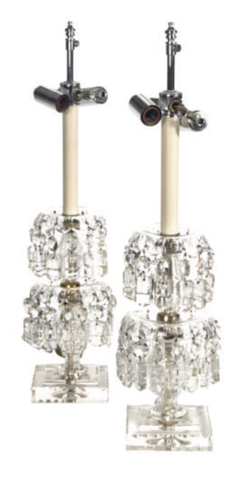 A PAIR OF CUT-GLASS TABLE LAMPS WITH HANGING LUSTERS,