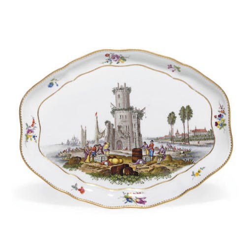 A GERMAN PORCELAIN SHAPED OVAL TRAY,