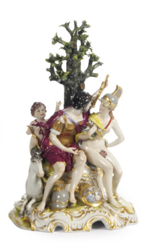 A MEISSEN STYLE MYTHOLOGICAL FIGURE GROUP EMBLEMATIC OF WAR AND PEACE,