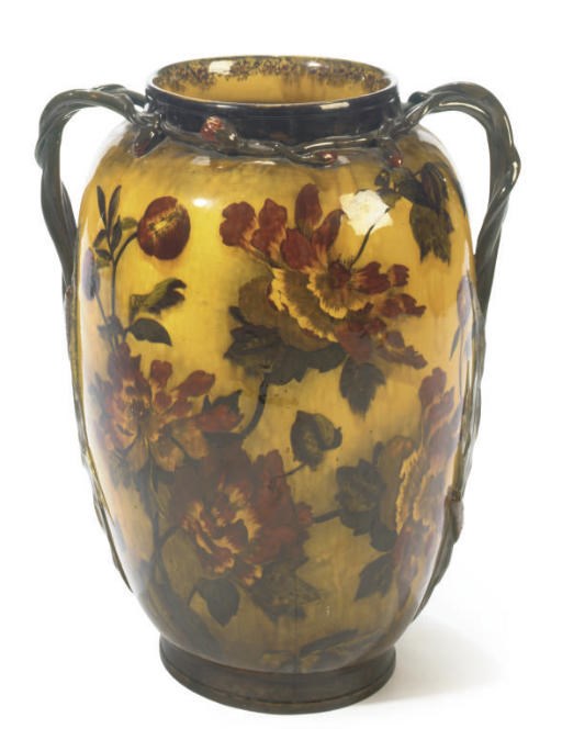 A LARGE ENGLISH MADRAS WARE TWO-HANDLED VASE PAINTED WITH PEONIES AND BULRUSHES,