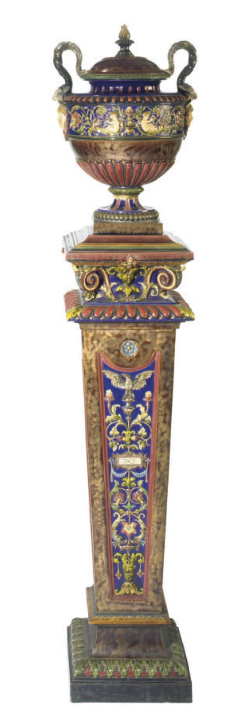 A CONTINENTAL MAJOLICA RENAISSANCE REVIVAL METALLIC-GROUND TWO-HANDLED VASE, COVER, AND PEDESTAL,