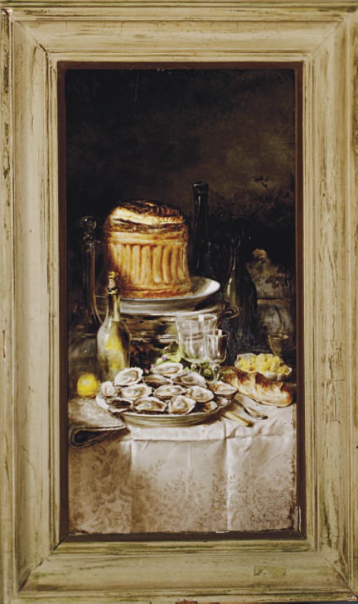 A FRENCH CERAMIC LARGE PLAQUE WITH A STILL LIFE WITH OYSTERS,