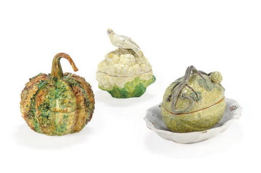 THREE VEGETABLE-FORM TUREENS AND COVERS,