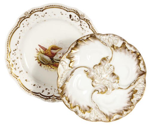 A SET OF TWELVE FRENCH PORCELAIN OYSTER PLATES AND TWO ENGLISH PORCELAIN PART DESSERT SERVICES,