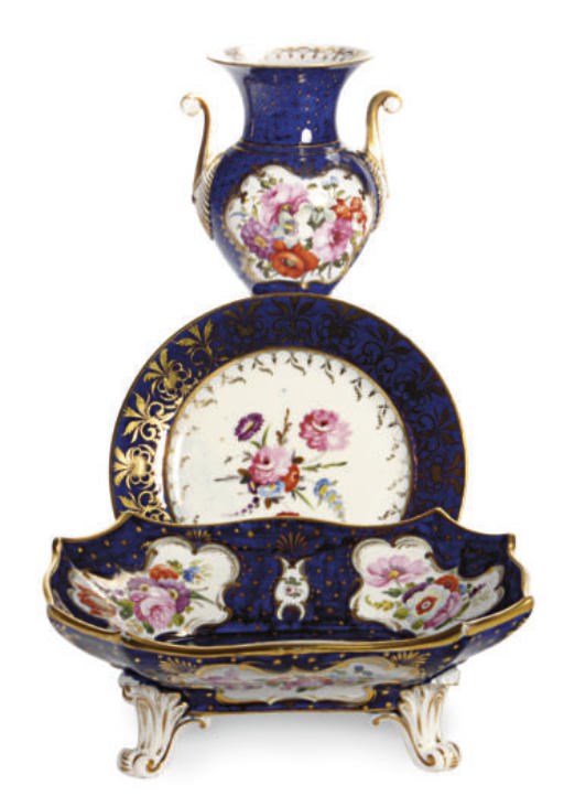 TWO COMPLIMENTARY ENGLISH PORCELAIN COBALT BLUE-GROUND AND FLOWER PAINTED DESSERT SERVICES,