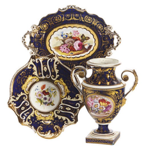AN ENGLISH TWO-HANDLED VASE AND AN ENGLISH PORCELAIN PART DESSERT SERVICE,