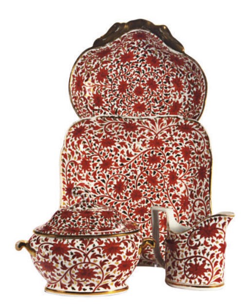 AN ENGLISH PORCELAIN IRON-RED AND GILT PART DESSERT SERVICE,