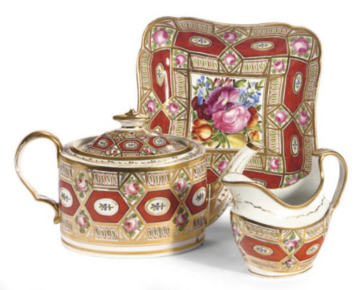 AN ENGLISH PORCELAIN PART TEA AND DESSERT SERVICE IN THE 'CHURCH GRESLEY' PATTERN,