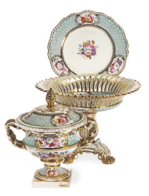 AN ASSEMBLED ENGLISH PORCELAIN SÈVRES STYLE TURQUOISE 'PARTRIDGE EYE' GROUND PART DESSERT SERVICE,