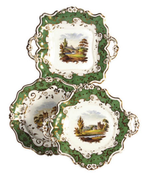 AN ENGLISH PORCELAIN GREEN-GROUND LANDSCAPE PART DINNER SERVICE,