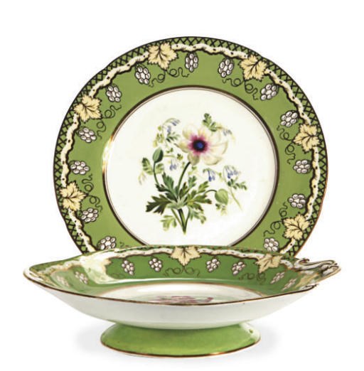 AN ASSEMBLED ENGLISH PORCELAIN GREEN-GROUND PART DESSERT SERVICE,