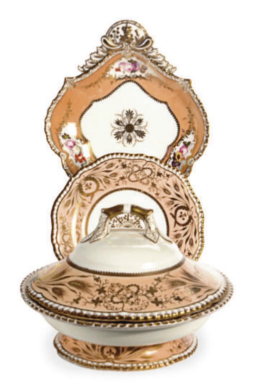 AN ASSEMBLED ENGLISH AND PARIS PORCELAIN APRICOT-GROUND DESSERT SERVICE,