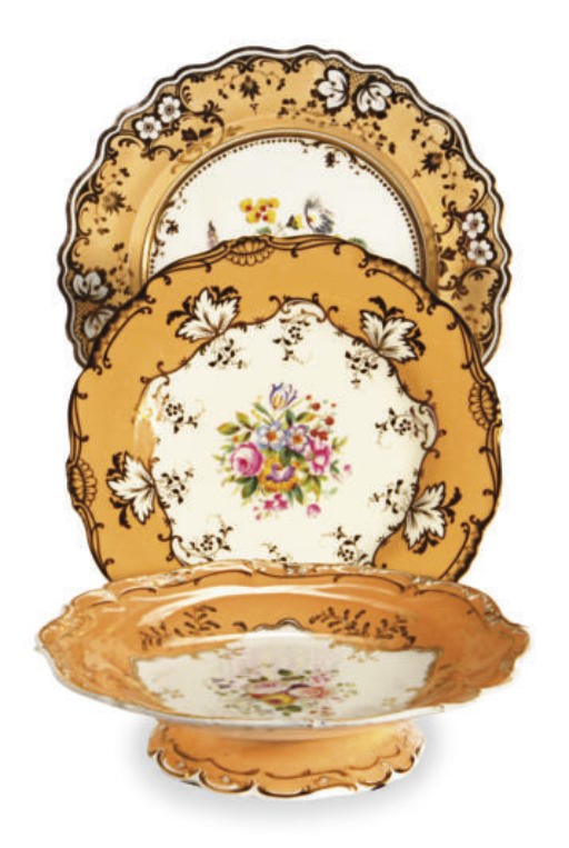 AN ASSEMBLED ENGLISH PORCELAIN APRICOT-GROUND PART DESSERT SERVICE,