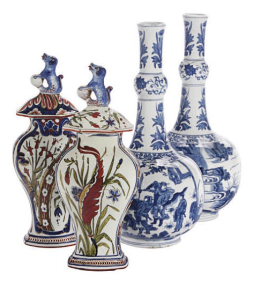 A PAIR OF DUTCH DELFT BLUE AND WHITE BOTTLE VASES AND A PAIR OF POLYCHROME FLATTENED BALUSTER VASES AND ASSOCIATED COVERS,