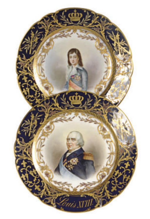 A SET OF SIX SÈVRES STYLE COBALT BLUE GROUND CABINET PLATES PAINTED WITH PORTRAITS OF FRENCH MONARCHS,