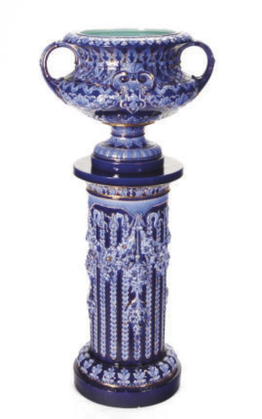 A SWEDISH FAIENCE ROCOCCO REVIVAL BLUE-GLAZED JARDINIÈRE AND STAND,