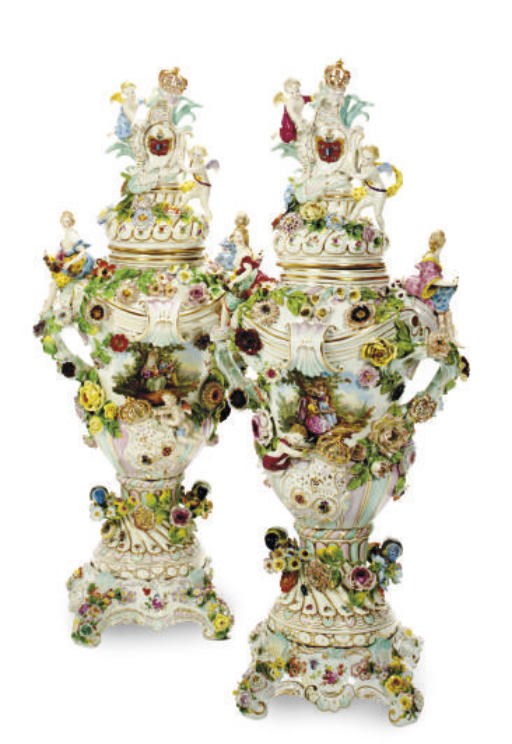 A PAIR OF GERMAN FLOWER-ENCRUSTED ARMORIAL VASES, COVERS AND STANDS,