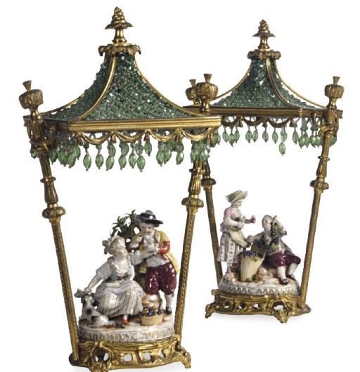 TWO GILT METAL-MOUNTED MEISSEN STYLE GROUPS EMBLEMATIC OF SPRING AND FALL,