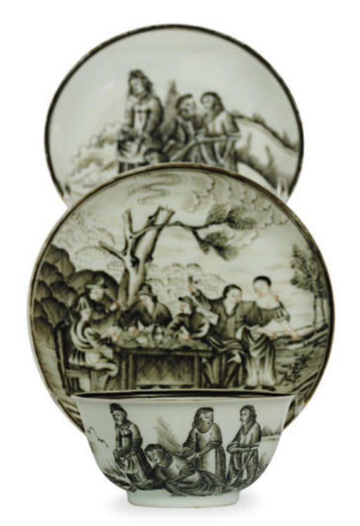 TWO CHINESE EXPORT PORCELAIN EUROPEAN SUBJECT SAUCERS AND A TEABOWL,
