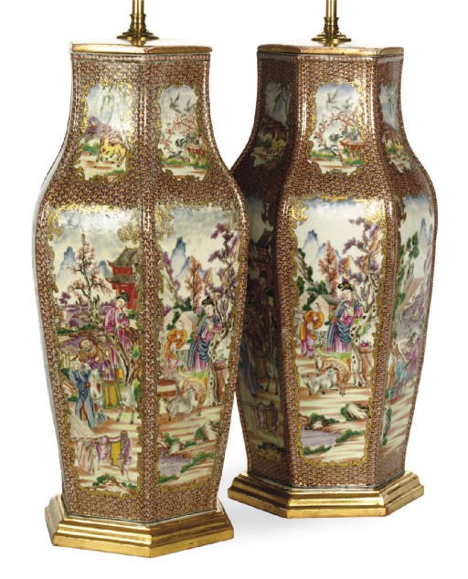 A PAIR OF CHINESE EXPORT MANDARIN PALETTE VASES MOUNTED AS LAMPS,