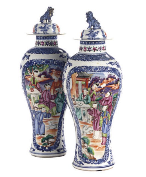 A PAIR OF CHINESE EXPORT PORCELAIN JARS AND COVERS,