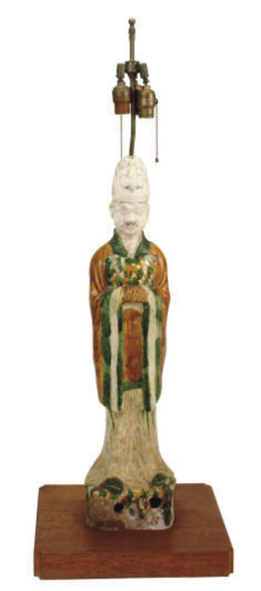 A CHINESE SANCAI-GLAZED POTTERY FIGURE OF AN OFFICIAL MOUNTED ON A LAMP BASE,