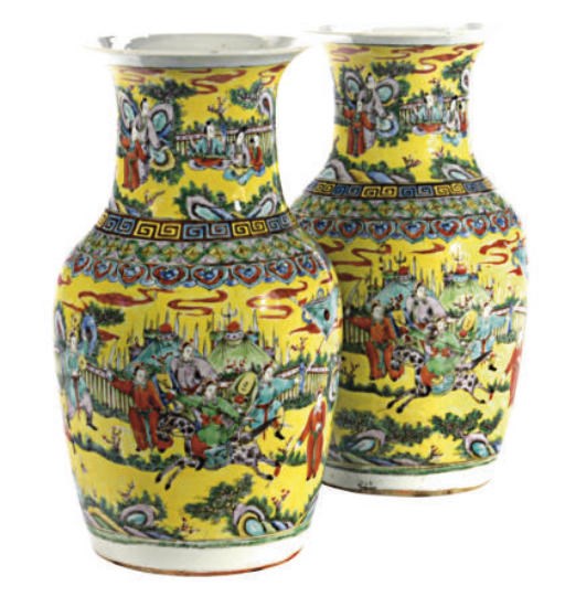 A PAIR OF CHINESE YELLOW GROUND FAMILLE ROSE BALUSTER VASES,