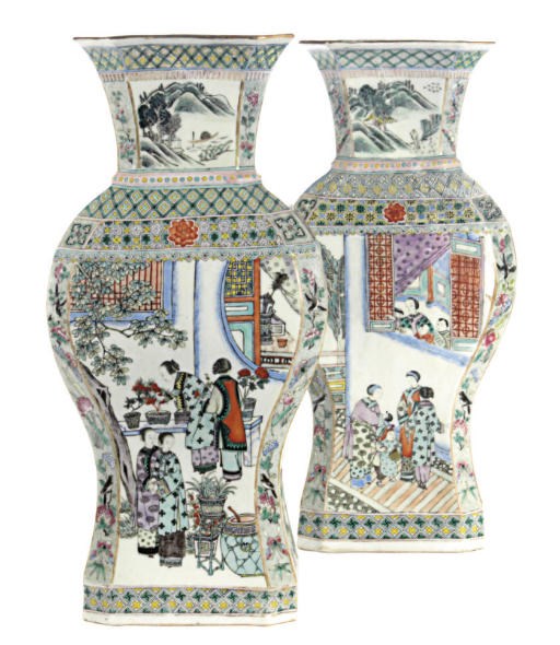 A PAIR OF CHINESE PORCELAIN FAMILLE VERTE FLATTENED BALUSTER LARGE VASES,
