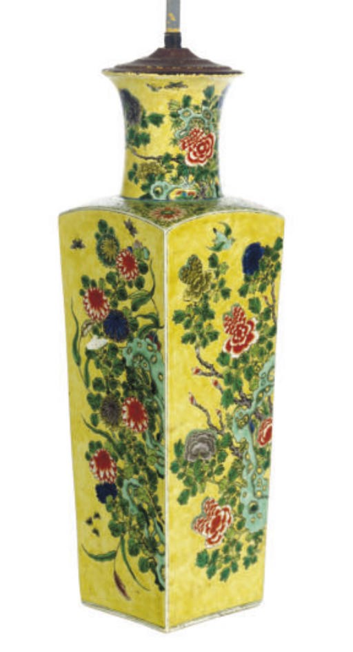 A CHINESE YELLOW-GROUND SQUARE-FORM VASE MOUNTED AS A LAMP,