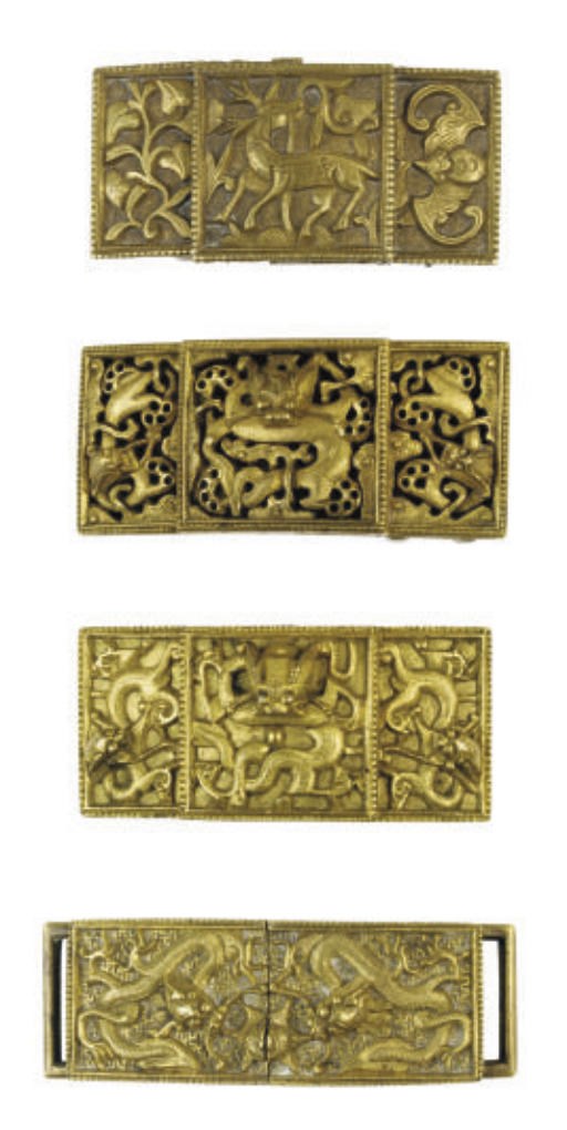 FOUR CHINESE GILT BRONZE BELT PLAQUES,