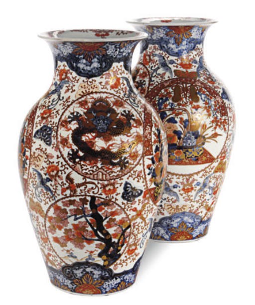 A PAIR OF JAPANESE PORCELAIN IMARI BALUSTER LARGE VASES,