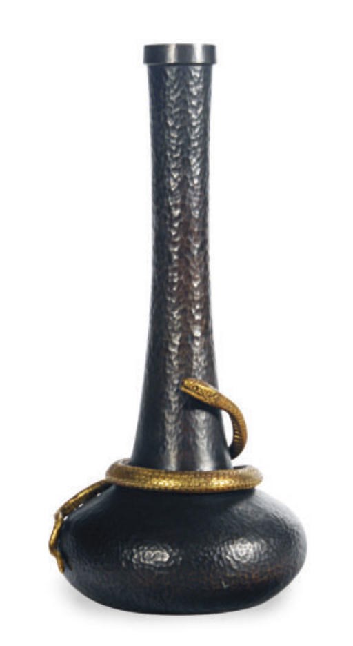 A JAPANESE STYLE BRONZE BOTTLE VASE WITH AN APPLIED GILT BRONZE SNAKE,