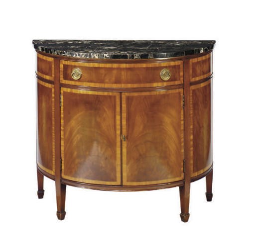 A MAHOGANY SATINWOOD-BANDED DEMILUNE MARBLE TOP COMMODE,