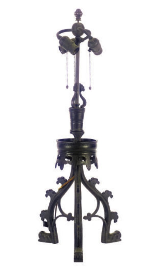 A WROUGHT-IRON TRIPOD TABLE LAMP,