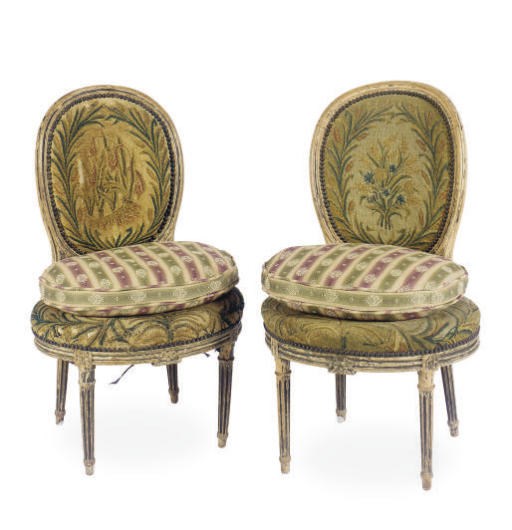 A PAIR OF FRENCH PAINTED AND NEEDLEPOINT UPHOLSTERED SIDE CHAIRS,