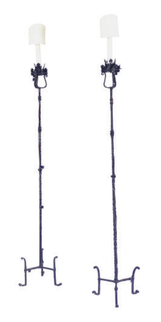 A PAIR OF ENAMELED METAL TORCHERES,