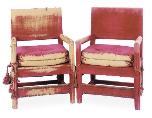 A PAIR OF VELVET UPHOLSTERED ARMCHAIRS
