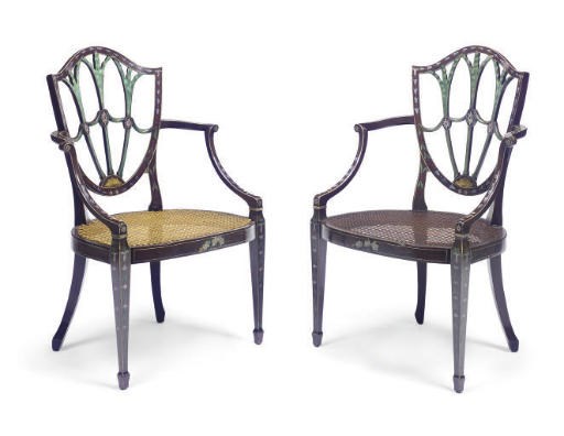 A MATCHED PAIR OF ENGLISH BROWN AND POLYCHROME-PAINTED ARMCHAIRS,