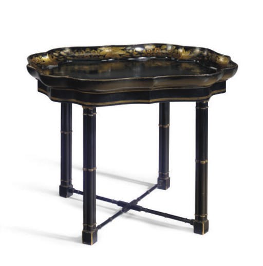 A REGENCY GILT AND POLYCHROME-DECORATED PAPIER MACHE TRAY ON LATER STAND,