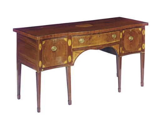 A GEORGE III MAHOGANY AND SATINWOOD SERPENTINE SIDEBOARD,