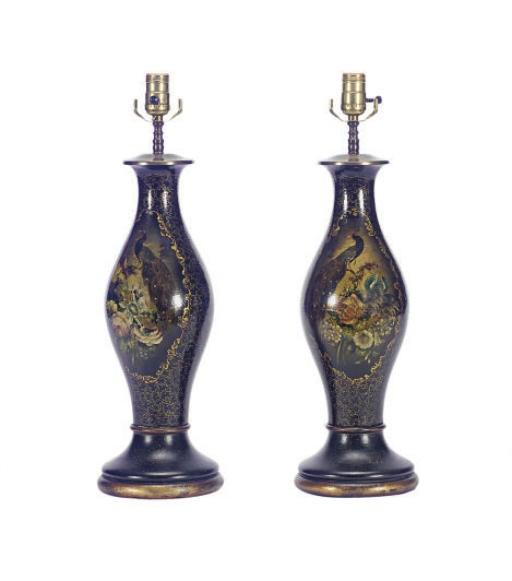 A PAIR OF VICTORIAN PAPIER MACHE URNS FITTED AS TABLE LAMPS,