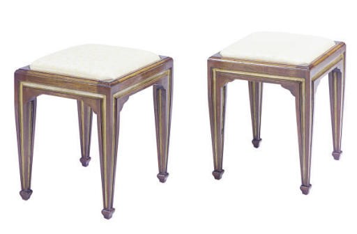 A PAIR OF MAHOGANY, PAINTED AND PARCEL-GILT STOOLS,